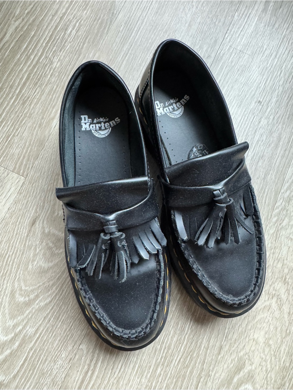 Dr. Martens Adrian Bex Platform Leather Tassel Loafers with Yellow Stitching